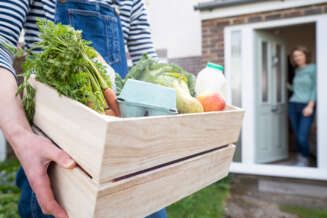 Home,Delivery,Of,Fresh,Produce,Outside,House,Observing,Safe,Social