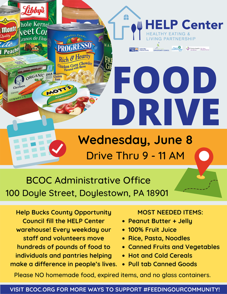 Help Center Food Drive – Wednesday, June 8th – Bucks County Opportunity 