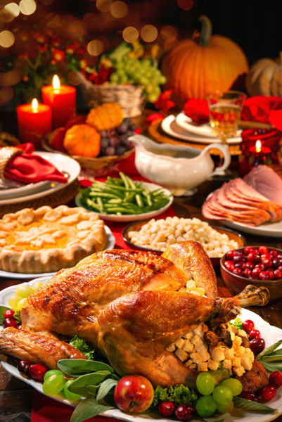 Thanksgiving dinner. Roasted turkey garnished with cranberries on a rustic style table decoraded with pumpkins, vegetables, pie, flowers and candles